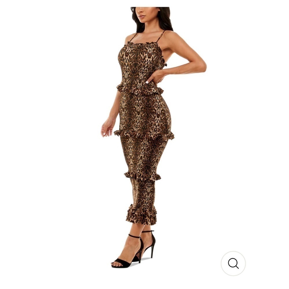 Bebe Smocked Ruffled Animal Print Midi Body Con Dress